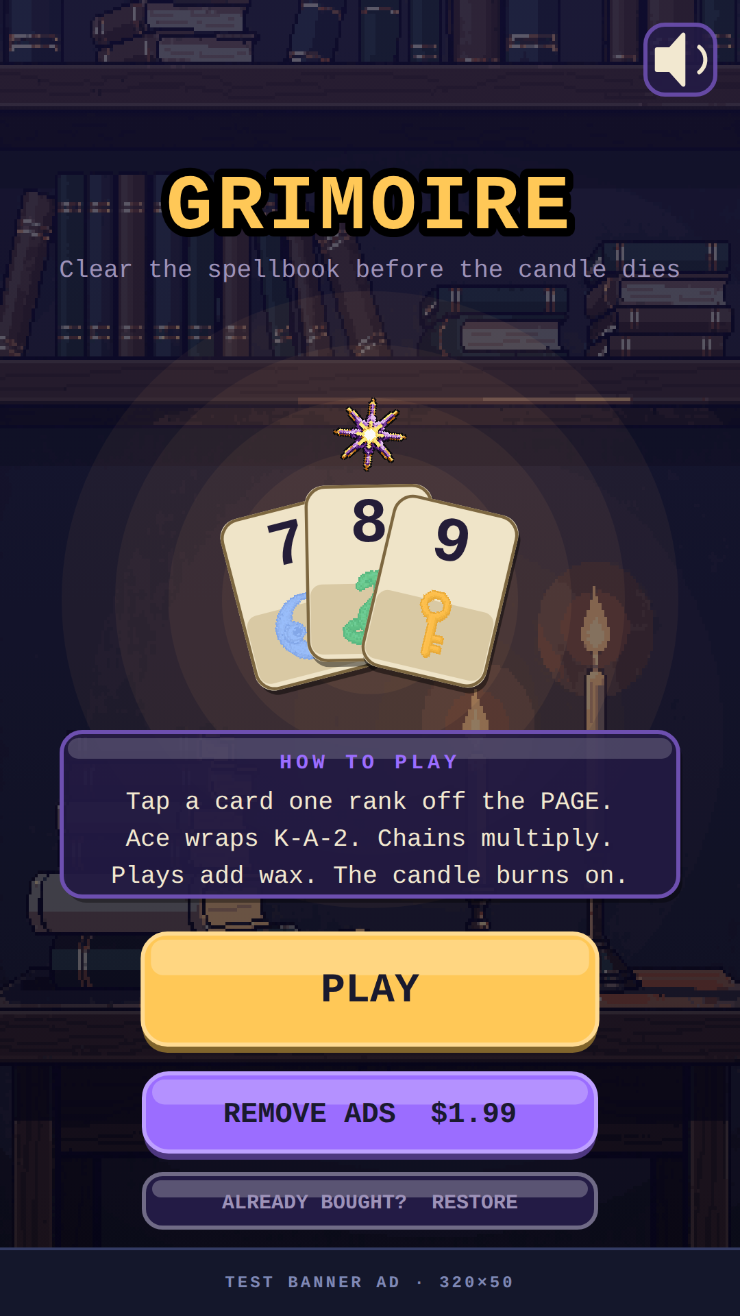 Grimoire title screen — a candlelit spellbook over a layered card spread